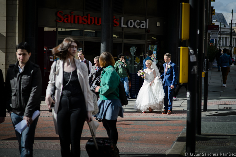Bride and groom at Oxford Street in Manchester